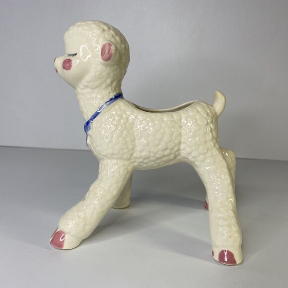 Vintage 8" Ceramic Lamb Planter Long Legs USA Nursery Decor Kitschy Rosy Cheeks - Picture 4 of 12